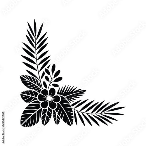 Tropical floral corner design with palm leaves and a flower