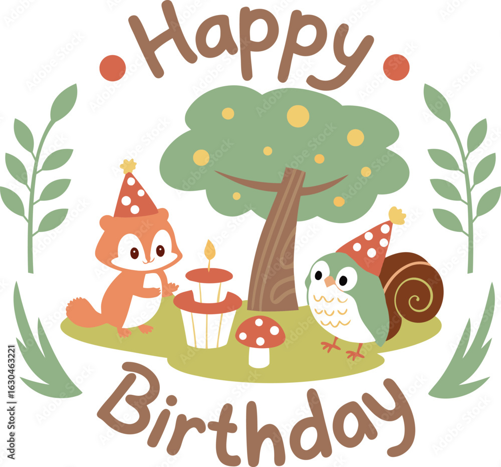 Fototapeta premium Happy Birthday Woodland Animals Celebration Illustration with Owl, and Snail, Forest Themed Party Scene, Cute Characters, Nature Inspired Vector Art, Festive Greeting Card Design.