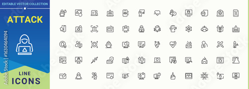 Attack linear icon set. Security line icon set. Perfect for logos and infographic. Featuring security, hacker, hacking, cyber, fraud, hack and more. Editable vector stroke.