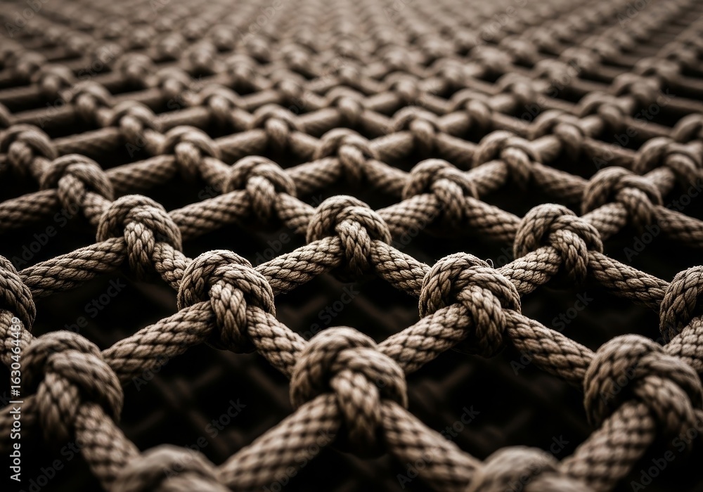 Fototapeta premium Interwoven Rope Texture Background - Close-up of a woven rope net, symbolizing connection, strength, unity, security, and intricate design