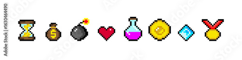 Set of pixel gaming icons. Game in 8-bit style. 
Pixel elements apple, coin, crystal, sword, shield, potion, heart. Items for retro video games. Vector