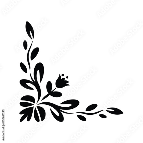 Elegant black floral corner design element with leaves and bud