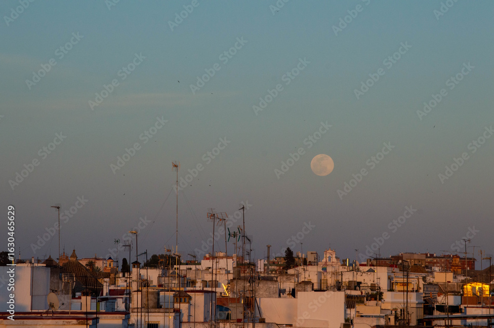 Obraz premium Sunset an moon light on the rooftops of Seville, Spain