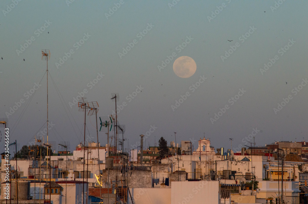 Obraz premium Sunset an moon light on the rooftops of Seville, Spain