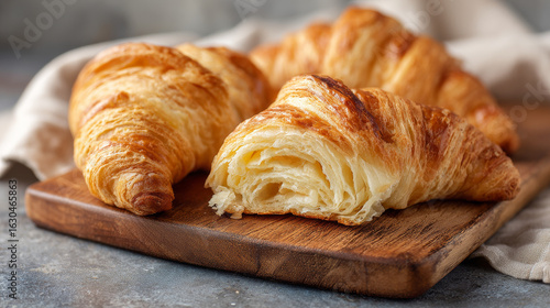 A croissant is a buttery, flaky, viennoiserie pastry of Austrian origin. Croissants are named for crescent shape and are made of a layered yeast-leavened dough called laminating.