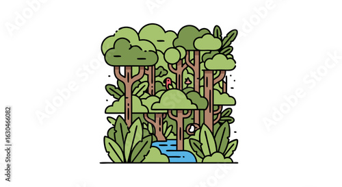Stylized forest illustration with vibrant green foliage and flowing blue water design conveying natural simplicity and peacefulness
