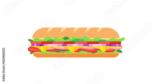 Colorful Flat Vector Illustration Depicting a Delicious Fresh Submarine Sandwich, Isolated on a White Background Ready to Eat