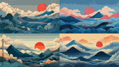 Artistic Japanese-style landscape featuring mountains, ocean waves, and red sun elements in a retro Ukiyo-e aesthetic. Perfect for traditional or oriental-themed artwork.

