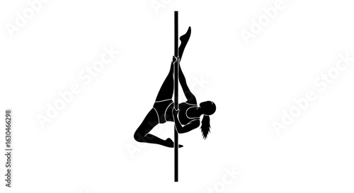 Elegant silhouette showcasing strength and flexibility in a gravity-defying pole dance position showcasing the dancer's athletic prowess and control