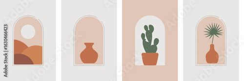 Minimalist Boho Wall Art Desert Landscape, Clay Vases, and Cactus Set of Four