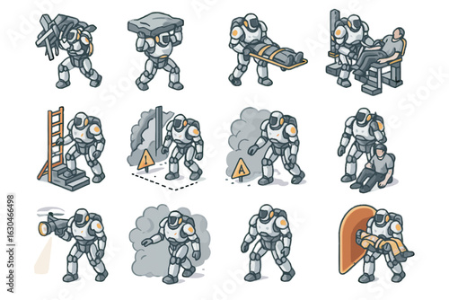 Vector radio scouting hazardous clearance rescue scan exosuits drone communication robotic icon