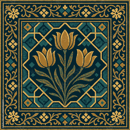 Elegant Persian tile design featuring golden tulips with intricate geometric and floral border in teal, gold, and deep blue tones—ideal for luxury textiles, wall art, and cultural decor projects.