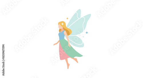 Delicate fairy vector illustration, pastel palette, whimsical wings, magical girl, gentle ethereal floating, isolated on white backdrop