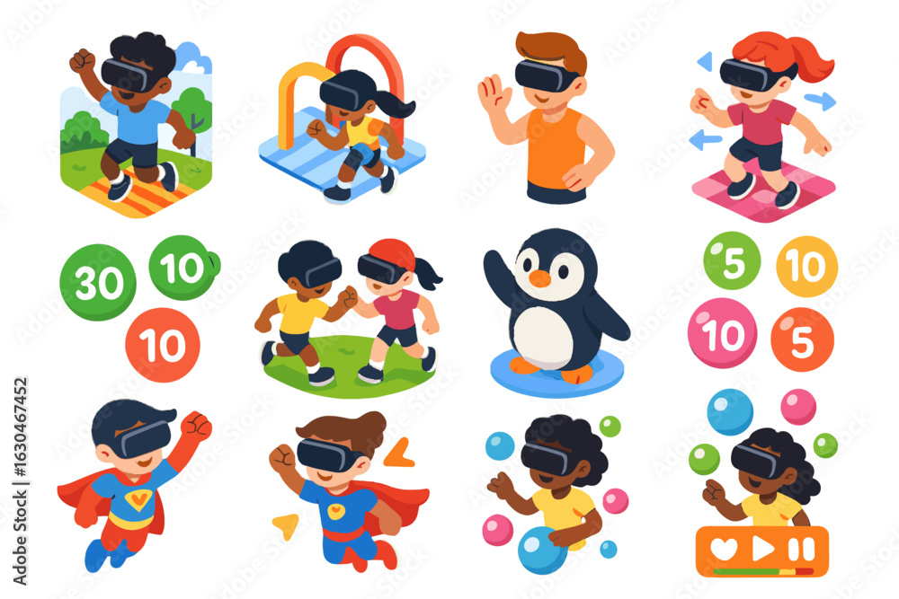 Fototapeta premium Game icons pop bubbles costume animated icon fitness superhero vr avatar vector