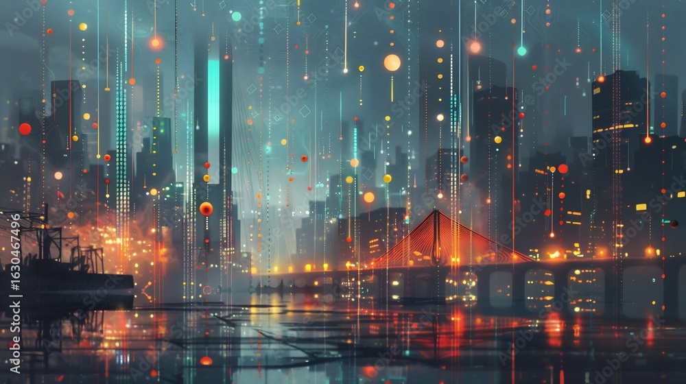 Fototapeta premium AI circuits forming a project Gantt chart with glowing bridges, illustrating automated planning, 2025 trend