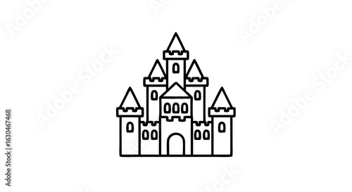 Majestic Line Art Castle with Multiple Towers and Battlements against White Backgroundscape