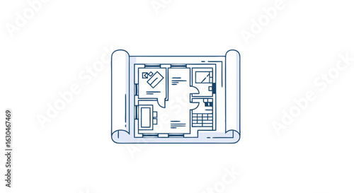 Blueprint Visualization: Detailed Architectural Drawing of Residential Building Design Depicting Room Layout and Spatial Planning on Rolled Paper