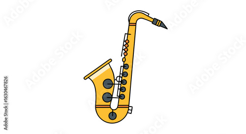 Illustrated Golden Saxophone on White Backdrop, a Colorful Cartoon Image 150 characters in an artistic manner