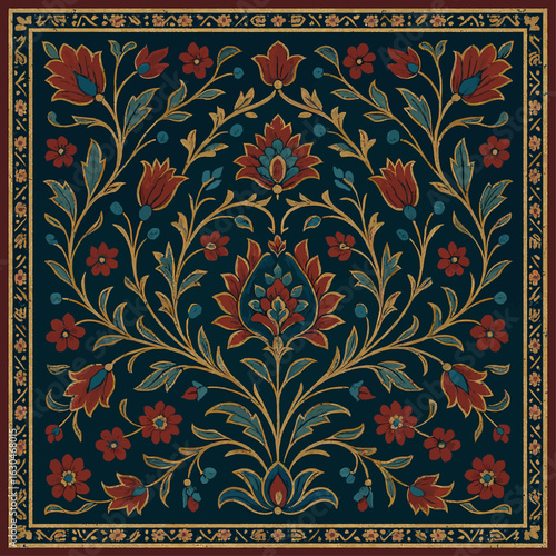 Intricate Persian floral pattern with symmetrical vine and blossom details in red, gold, and teal on a dark backdrop—perfect for textile prints, luxury wallpaper, or cultural decor designs