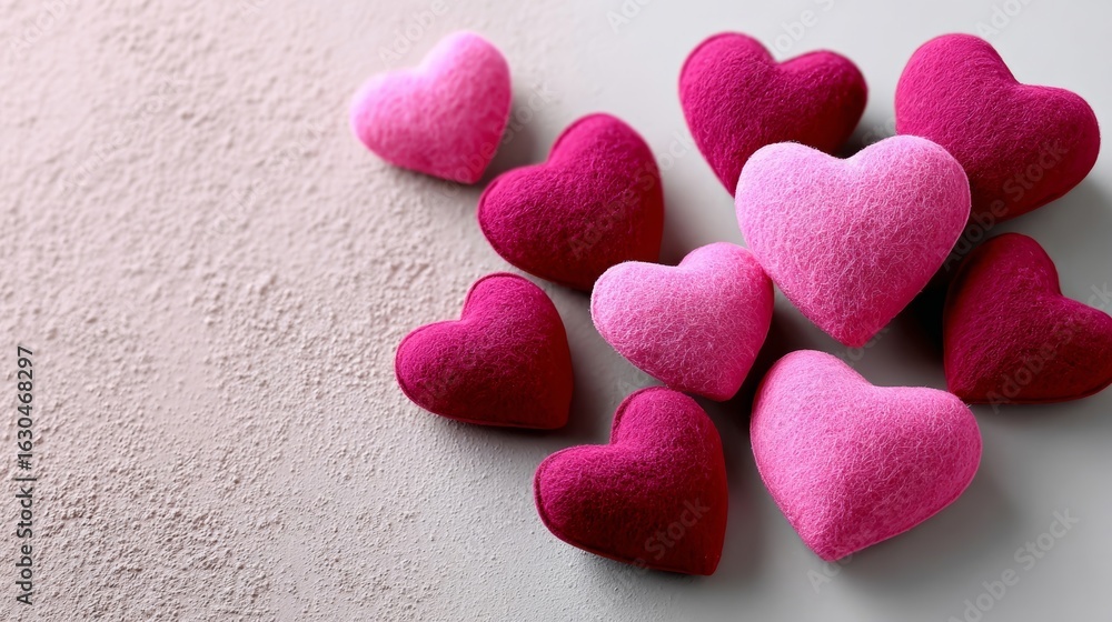 Fototapeta premium A bunch of pink hearts are arranged on a white background. The hearts are all different sizes and are placed in various positions. Scene is one of love and affection