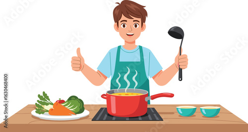 Chef cooking vegetable soup, kitchen scene, culinary skills, healthy ingredients, apron, cooking pot, steam rising, thumbs up, home meal, food preparation