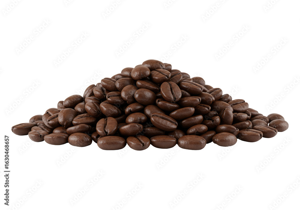 Naklejka premium Stack of Freshly Roasted Coffee Beans, Cut Out, Clipping Path Isolated on a Transparent PNG Background.