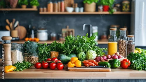 Vibrant Bounty: Fresh Produce and Healthy Ingredients on a Kitchen Counter