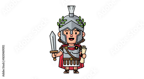 Cartoon Gladiator Armed with Sword and Scroll, Vector Illustration of Ancient Warrior Wearing Helmet and Red Cape Representing Roman History and