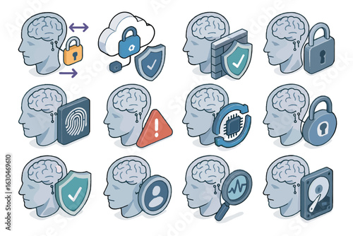 Authentication encrypted recovery security control biometric neural icon anomaly icons firewall vector