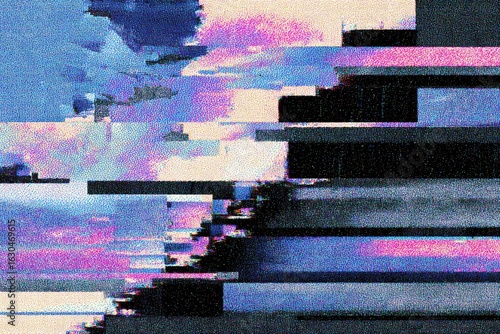 Abstract digital glitch art with horizontal bands of color and pixelation