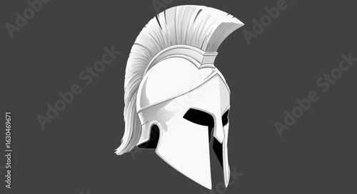 Illustrative depiction of a white spartan helmet with a prominent crest against a dark gray background