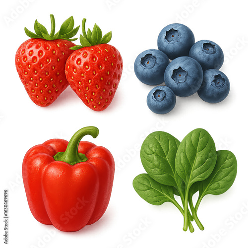 Fresh fruits and vegetables, white isolated background