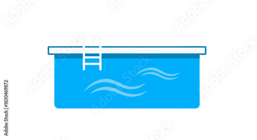 Stylized swimming pool illustration showcases minimalist design elements and serene blue tones evoking summer leisure, inviting relaxation and