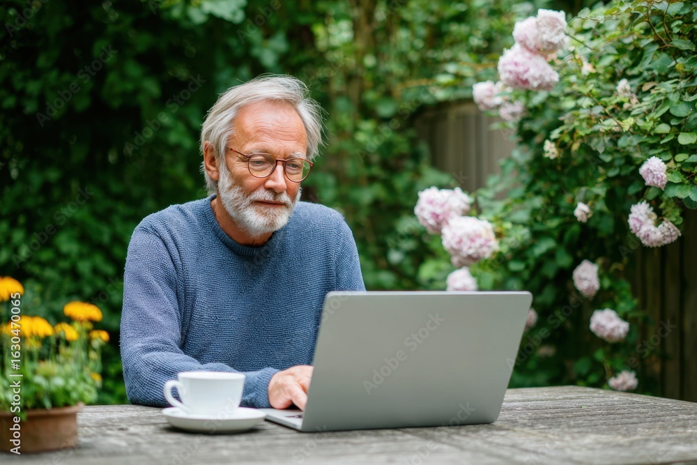 Senior Man Using Laptop in Garden Surrounded by Lush Flowers. Senior Man Using Laptop in Garden Surrounded by Lush Flowers.