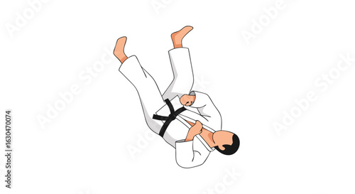 Illustration of a martial artist mid-air performing a tumbling technique during training session
