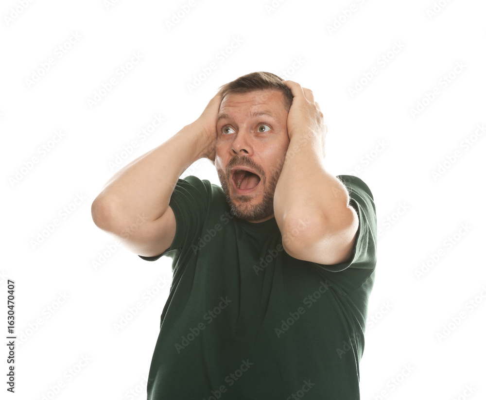 Naklejka premium Man suffering from panic attack on white background