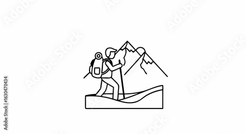Minimalist trekking adventure line art illustration showcasing human ambition and exploration towards mountain peak challenge destination with the