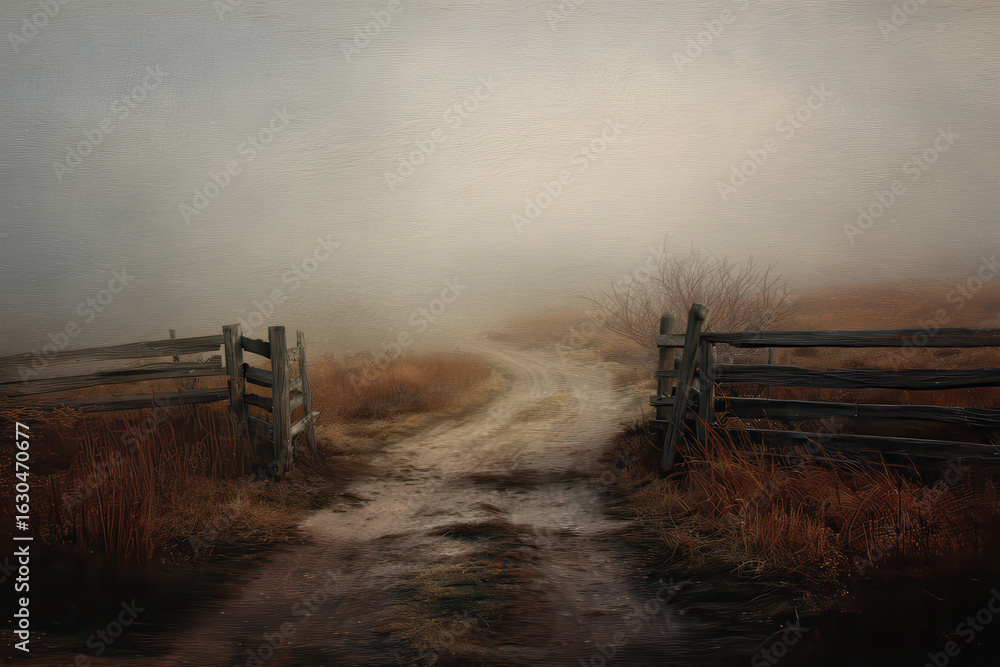 Fototapeta premium Misty rural pathway leading into an open field during an overcast autumn day, mysterious atmosphere