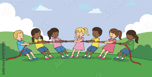 Children tug-of-war outdoors, summer activity, team play, kids pulling rope, group exercise, childhood fun, competition game, sunny park, bonding, joy