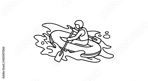 Monochrome Illustration of Rafter Navigating Rapids with Paddle in Inflatable Raft on Whitewater River, Bold Line Art