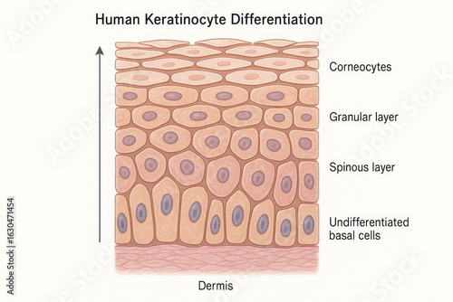 Human Keratinocyte Differentiation Illustration, skin anatomy, skin cell layers, epidermal layers [Illustration]