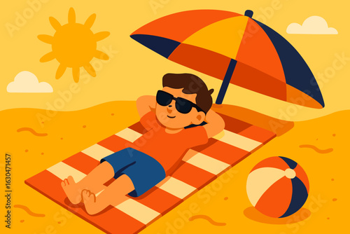 Adorable young boy relaxing on a towel while sunbathing at the beach