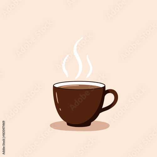 A steaming brown cup of coffee or tea sits on a light background, with visible vapor rising.
