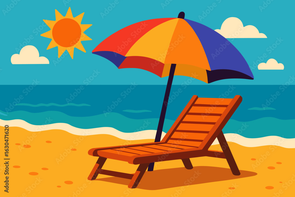 A serene beach setting featuring an orange and white umbrella accompanied by a lounge chair A serene beach setting featuring an orange and white umbrella accompanied by a lounge chair