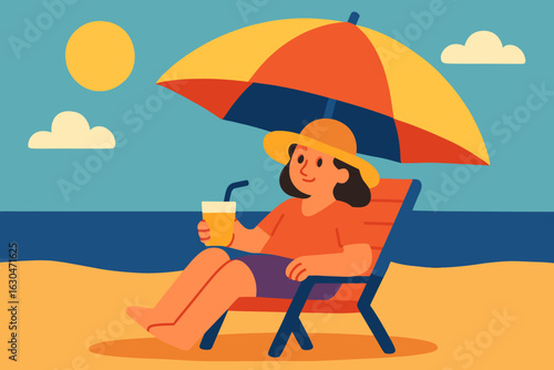 Enjoying summer vacation on the beach with sunglasses and a hat is what cartoon lemonade is doing