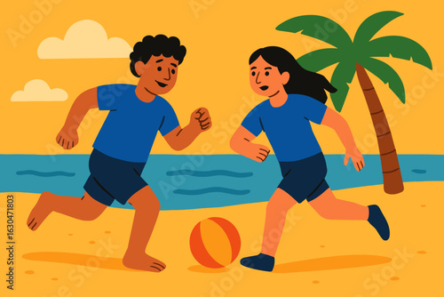 A sunny day has brought people to the beach where they are playing with joy