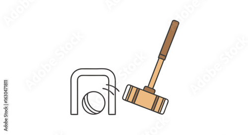 Minimalist illustration depicting a game of croquet, with a mallet poised to strike the ball through a wicket on a white background