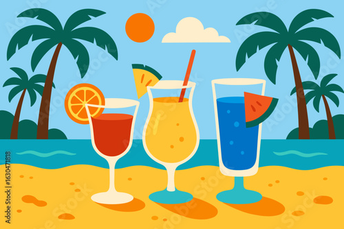 Vibrant beach setting with lush foliage and flowers, serving colorful tropical cocktails with garnishes, embodying the essence of a festive summer party celebration