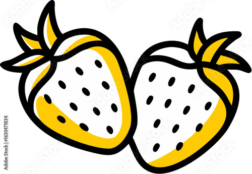 Two ripe strawberries one halved isolated on white background