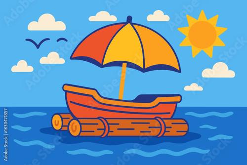 Illustration of a cartoonish vessel with wheels and an umbrella above, situated on undulating terrain